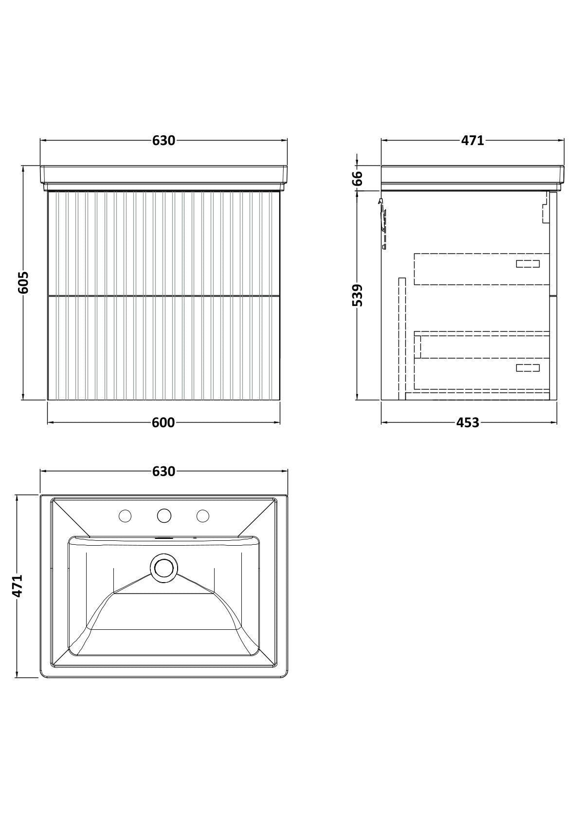 [BFLF3124B] Callingwood Contemporary Wall Hung 2 Drawer Vanity Unit with Traditional 3 Tap Hole Fireclay Basin, Choice of Size and Colour - Line Drawing