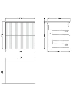 [BFLF3124GMT] Callingwood Contemporary Wall Hung 2 Drawer Vanity Unit with Grey Marble Worktop, Choice of Size and Colour - Line Drawing