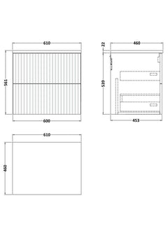 [BFLF3124LWN] Callingwood Contemporary Wall Hung 2 Drawer Vanity Unit with White Nebula Laminate Worktop, Choice of Size and Colour - Line Drawing