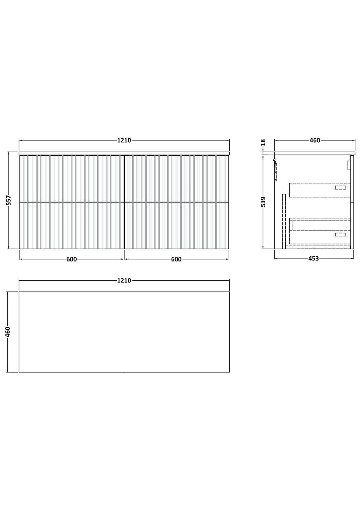 [BFLF3124WMT2] Callingwood Contemporary Wall Hung 4 Drawer 1200mm Vanity Unit with White Marble Worktop, Choice of Colour - Line Drawing