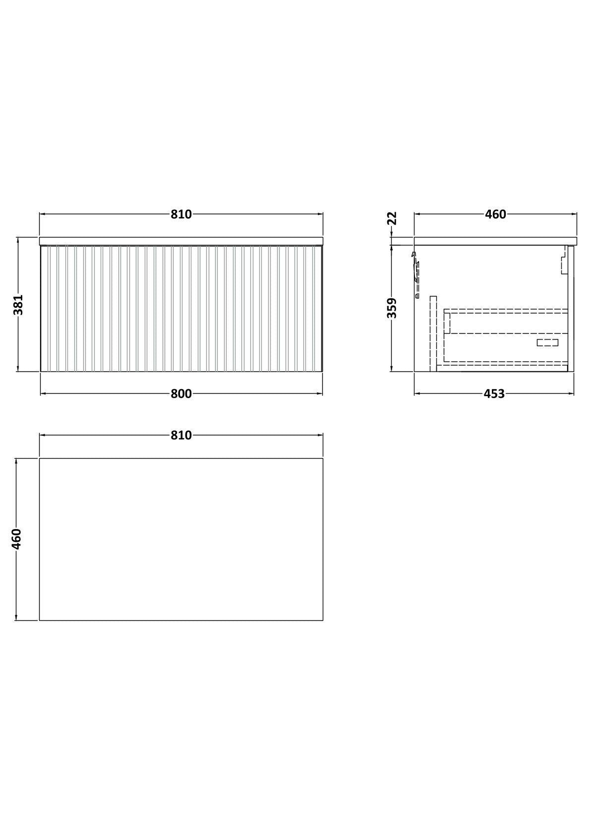 [BFLF3125LCM] Callingwood Contemporary Wall Hung 1 Drawer Vanity Unit with Carrera Marble Laminate Worktop, Choice of Size and Colour - Line Drawing