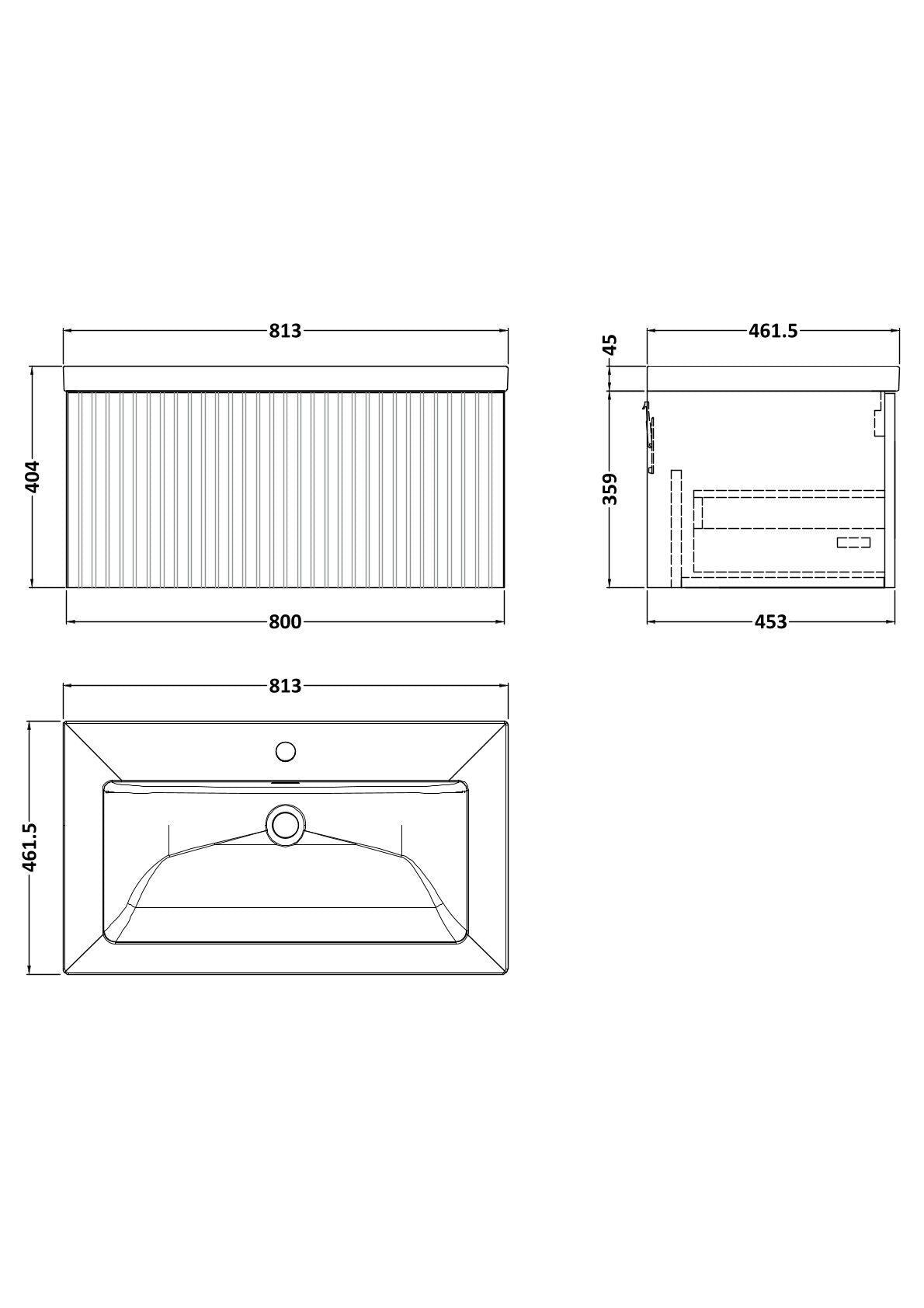 [BFLF3125L] Callingwood Contemporary Wall Hung 1 Drawer Vanity Unit with 1 Tap Hole Fireclay Basin, Choice of Size and Colour - Line Drawing