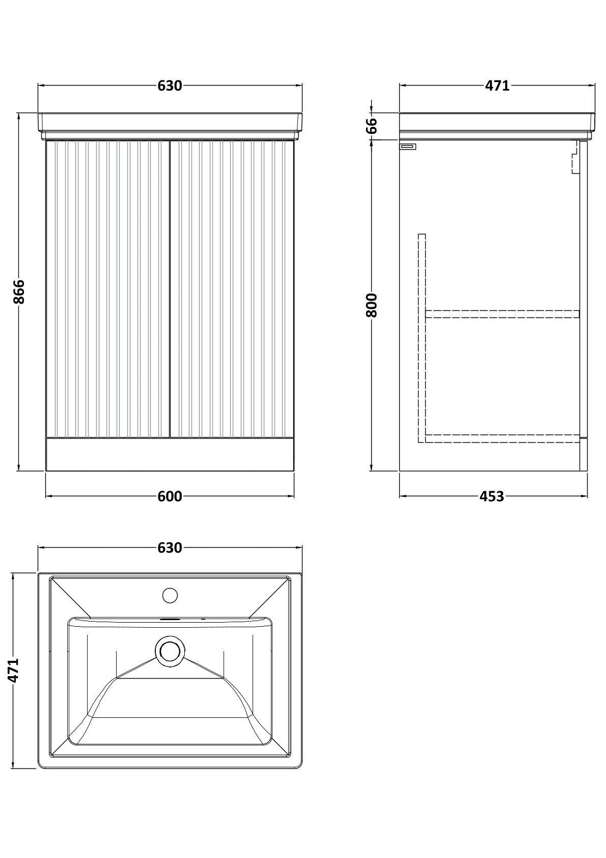 [BFLF3203A] Callingwood Contemporary Floor Standing 2 Door Vanity Unit with Traditional 1 Tap Hole Fireclay Basin, Choice of Size and Colour - Line Drawing