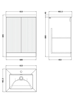 [BFLF3203L] Callingwood Contemporary Floor Standing 2 Door Vanity Unit with 1 Tap Hole Fireclay Basin, Choice of Size and Colour - Line Drawing
