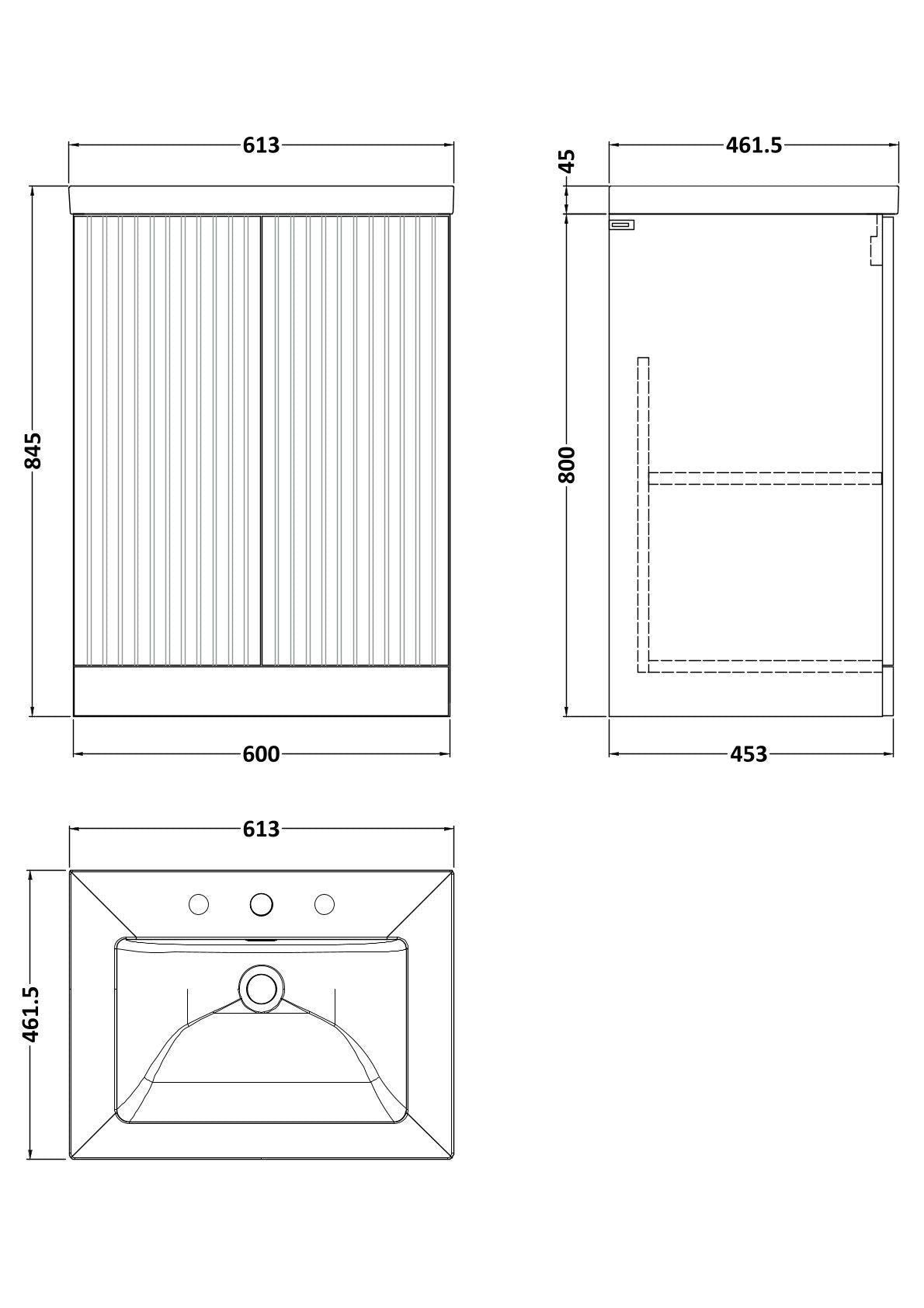 [BFLF3203M] Callingwood Contemporary Floor Standing 2 Door Vanity Unit with 3 Tap Hole Fireclay Basin, Choice of Size and Colour - Line Drawing