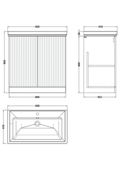 [BFLF3205A] Callingwood Contemporary Floor Standing 2 Door Vanity Unit with Traditional 1 Tap Hole Fireclay Basin, Choice of Size and Colour - Line Drawing