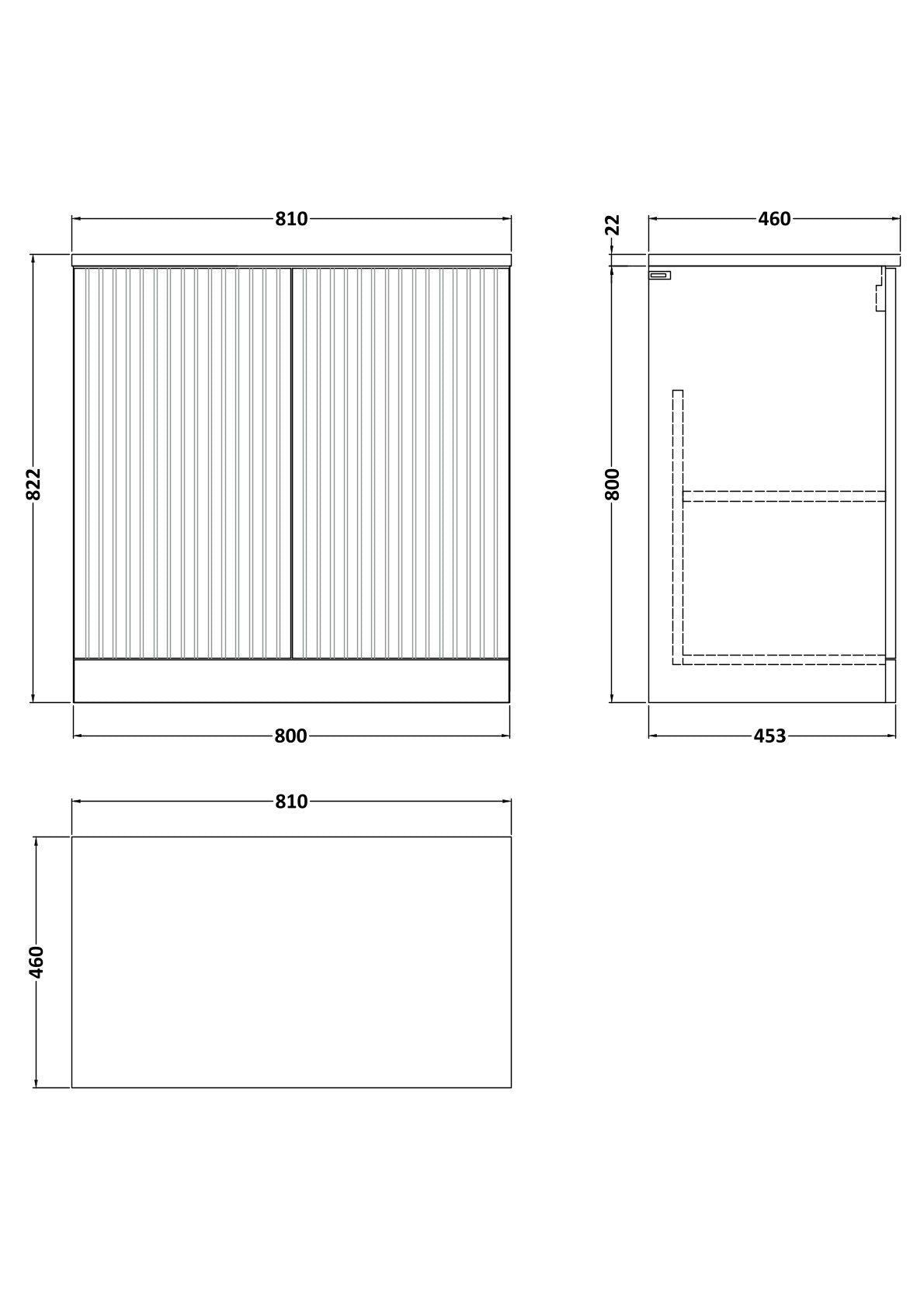 [BFLF3205LWN] Callingwood Contemporary Floor Standing 2 Door Vanity Unit with White Nebula Laminate Worktop, Choice of Size and Colour - Line Drawing