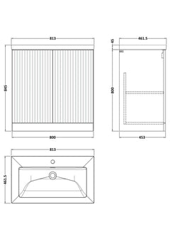 [BFLF3205L] Callingwood Contemporary Floor Standing 2 Door Vanity Unit with 1 Tap Hole Fireclay Basin, Choice of Size and Colour - Line Drawing