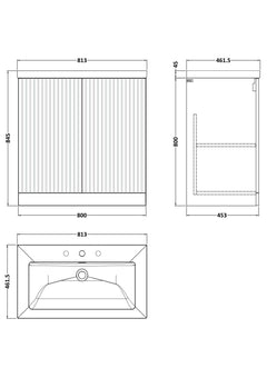 [BFLF3205M] Callingwood Contemporary Floor Standing 2 Door Vanity Unit with 3 Tap Hole Fireclay Basin, Choice of Size and Colour - Line Drawing