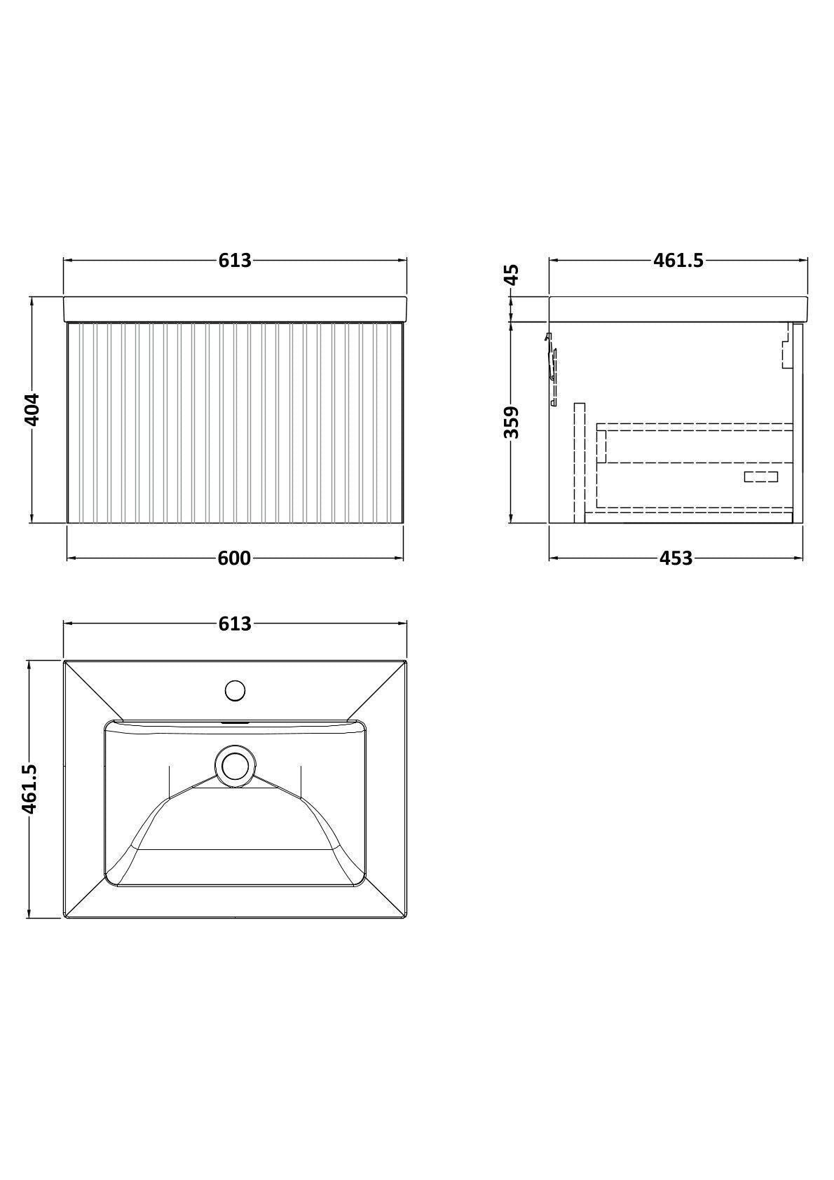 [BFLF3222L] Callingwood Contemporary Wall Hung 1 Drawer Vanity Unit with 1 Tap Hole Fireclay Basin, Choice of Size and Colour - Line Drawing