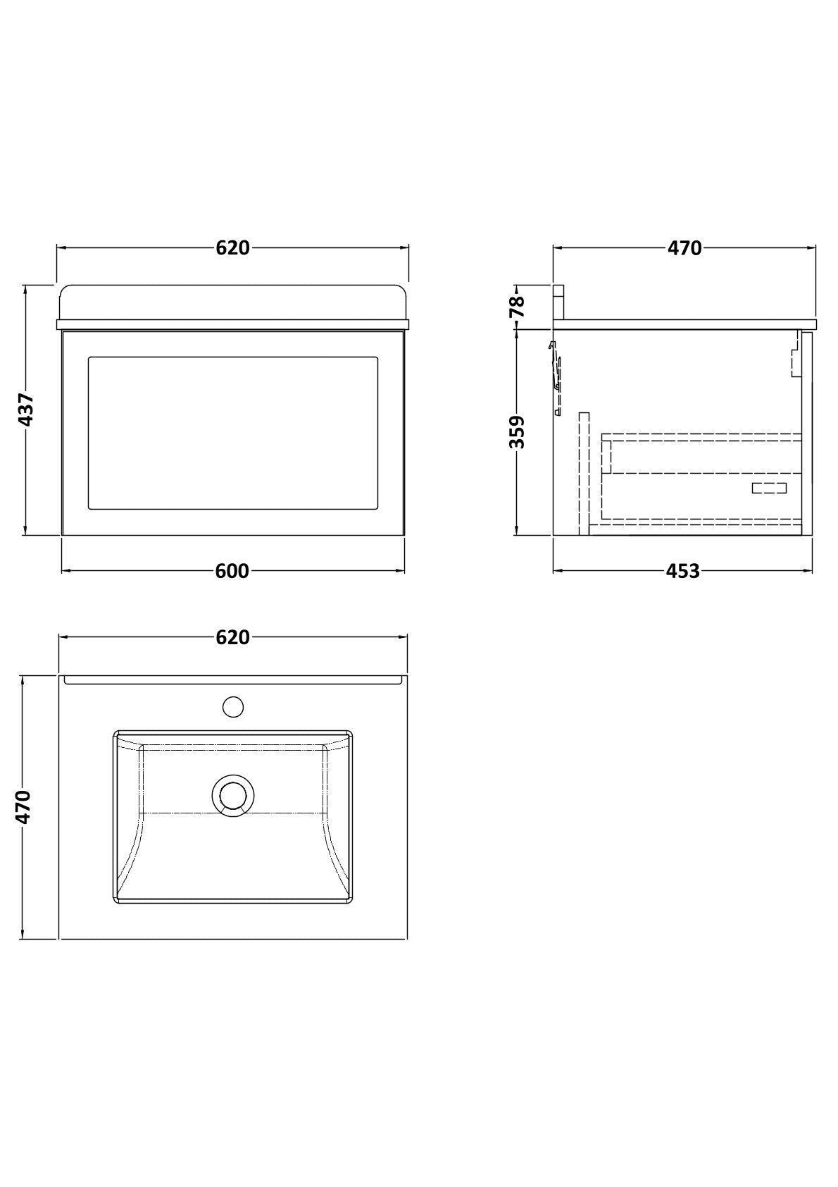 [BFLF3222WS1] Callingwood Contemporary Wall Hung 1 Drawer Vanity Unit with Marble Worktop and Basin, Choice of Size and Colour - Line Drawing