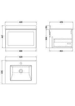 [BFLF3222WS1] Callingwood Contemporary Wall Hung 1 Drawer Vanity Unit with Marble Worktop and Basin, Choice of Size and Colour - Line Drawing