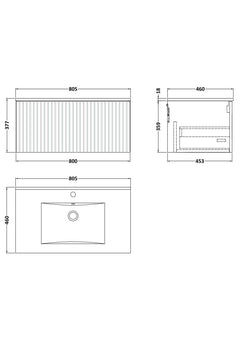 [BFLF3225C] Callingwood Contemporary Wall Hung 1 Drawer Vanity Unit with Minimalist Ceramic Basin, Choice of Size and Colour - Line Drawing
