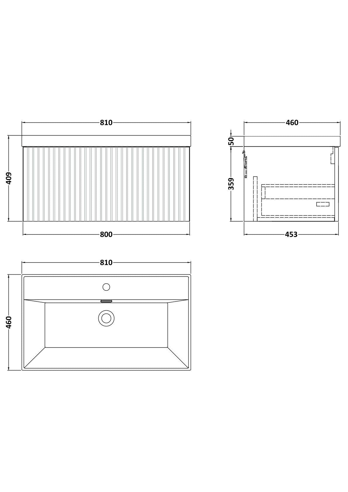 [BFLF3225E] Callingwood Contemporary Wall Hung 1 Drawer Vanity Unit with Thin-Edge Ceramic Basin, Choice of Size and Colour - Line Drawing