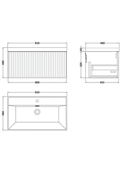 [BFLF3225E] Callingwood Contemporary Wall Hung 1 Drawer Vanity Unit with Thin-Edge Ceramic Basin, Choice of Size and Colour - Line Drawing