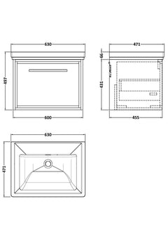 [BFLL2322H] Longnor Single Drawer Wall Hung Vanity Basin Unit with 0 Tap Hole Traditional Fireclay Basin, Choice of Size and Colour - Line Drawing