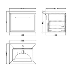 [BFLL2322L] Balterley Modern Bathroom 1 Soft-Close Drawer Wall Hung Vanity Unit Fireclay Basin, Coastal Grey, 600mm - Technical Drawing