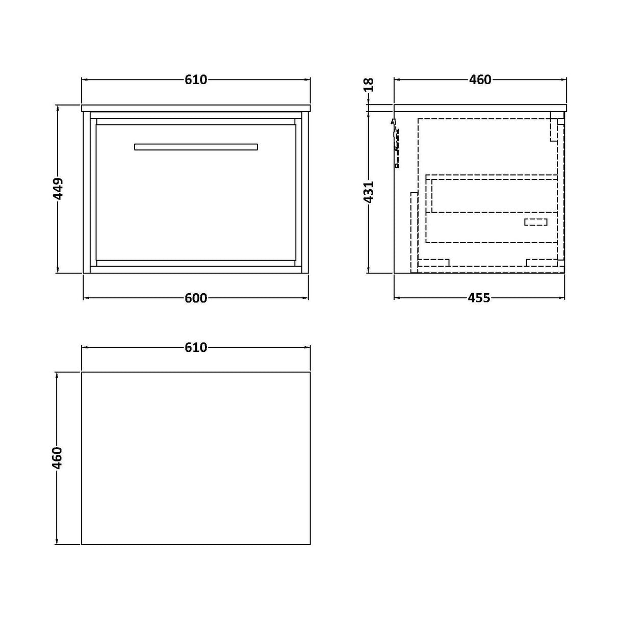 [BFLL2322WMT] Balterley 600mm Framed Design Wall Hung Single Drawer Vanity with Marble Worktop - Coastal Grey - Technical Drawing