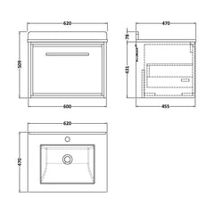 [BFLL2322WS1] Balterley 600mm Wall Hung Single Drawer Vanity with Marble Worktop Basin - Coastal Grey - Technical Drawing