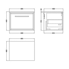 [BFLL2322W] Balterley 600mm Framed Design Wall Hung Single Drawer Vanity with Worktop - Coastal Grey - Technical Drawing
