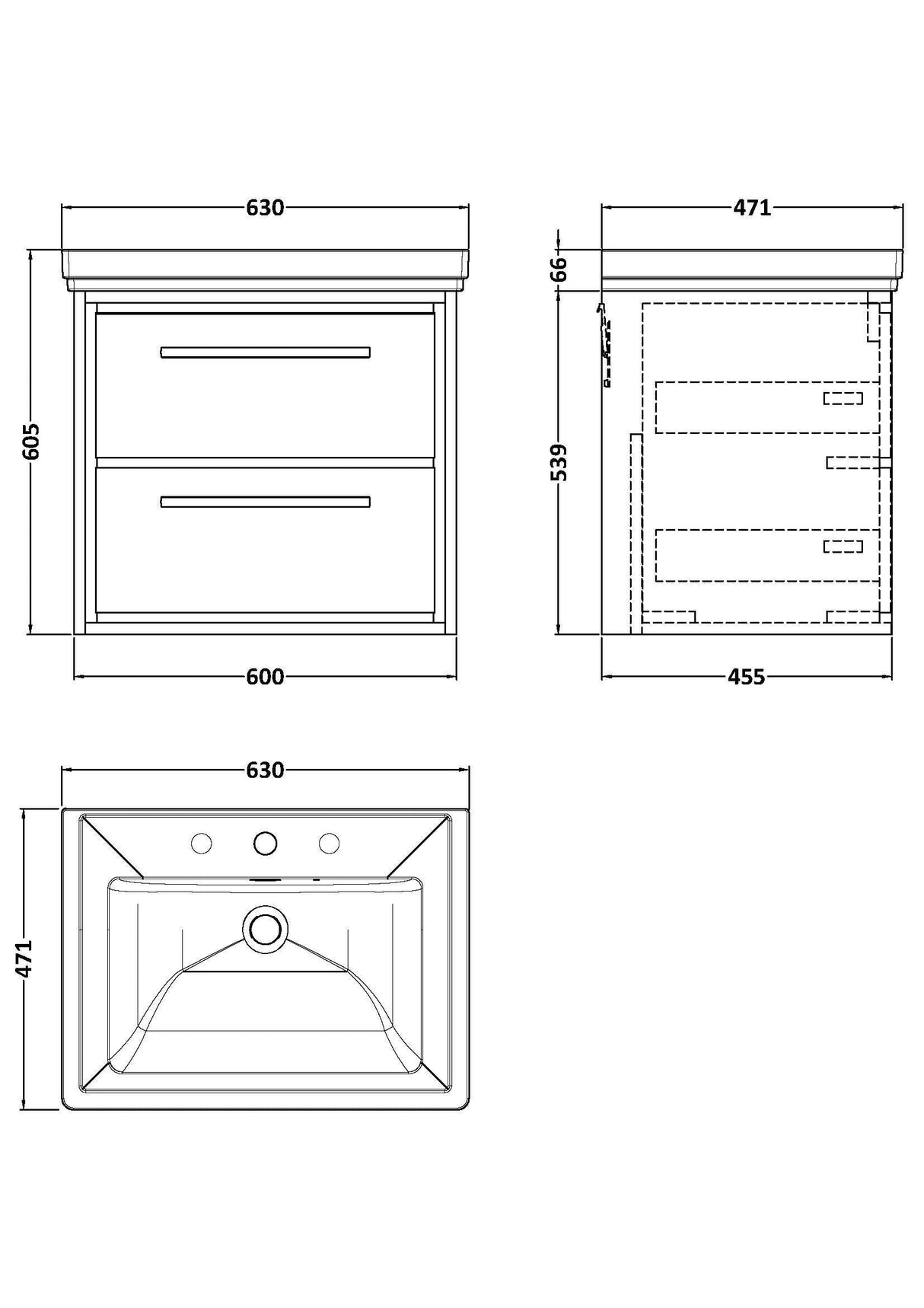[BFLL2324B] Longnor 2 Drawer Wall Hung Vanity Basin Unit with 3 Tap Hole Traditional Fireclay Basin, Choice of Size and Colour - Line Drawing