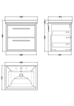 [BFLL2324B] Longnor 2 Drawer Wall Hung Vanity Basin Unit with 3 Tap Hole Traditional Fireclay Basin, Choice of Size and Colour - Line Drawing