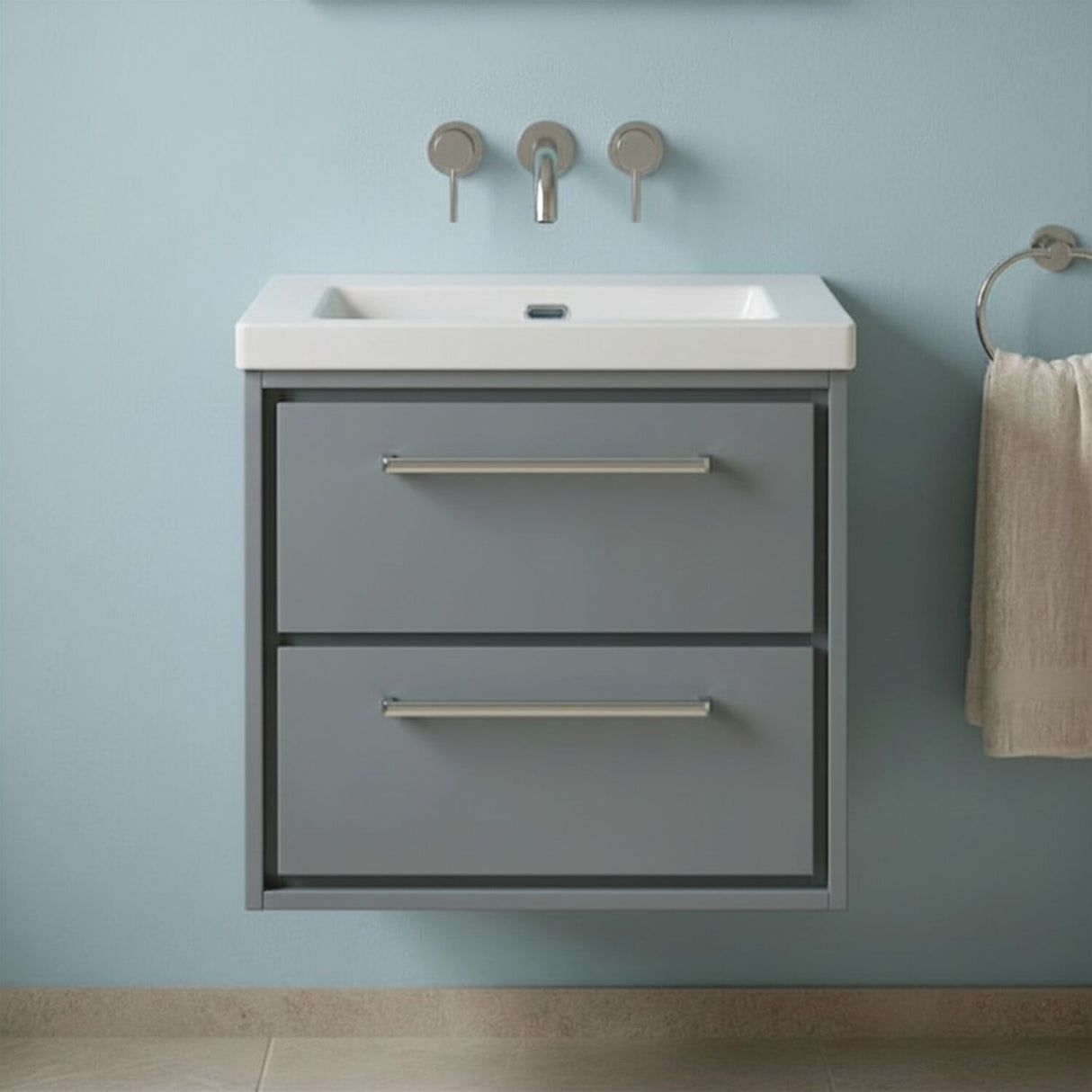 [BFLL2324K] Longnor Modern 2 Drawer Wall Hung Vanity Basin Unit with Modern Fireclay Sink, Choice of Size and Colour - Silo