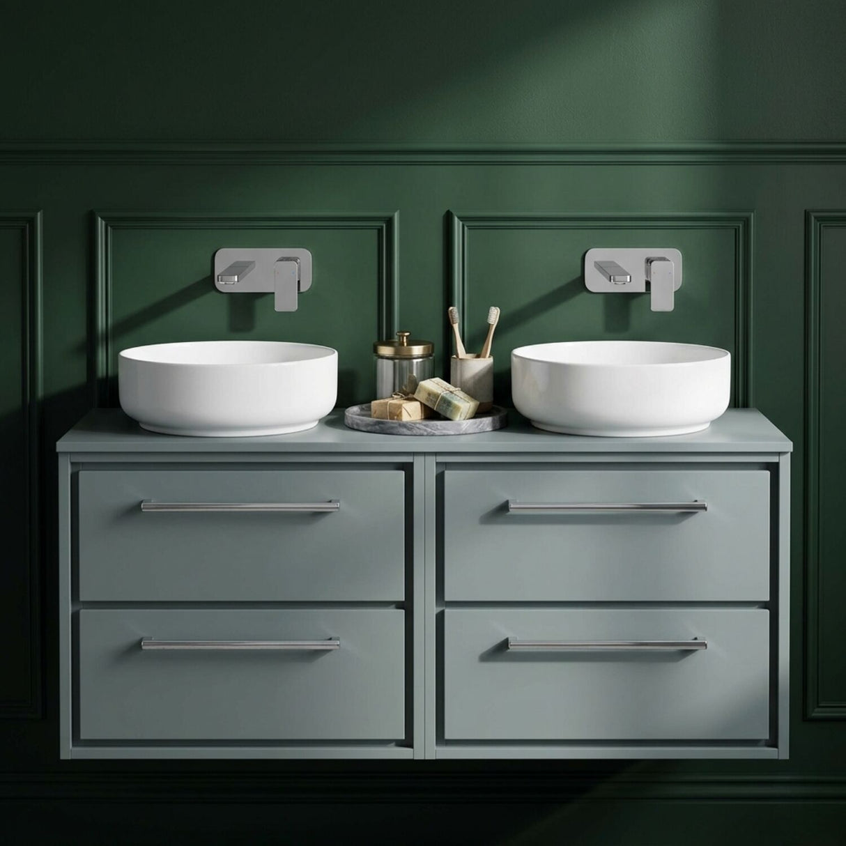 [BFLL2324W2] Balterley 1200mm Framed Design Wall Hung 4 Drawer Vanity with Worktop - Coastal Grey - Silo