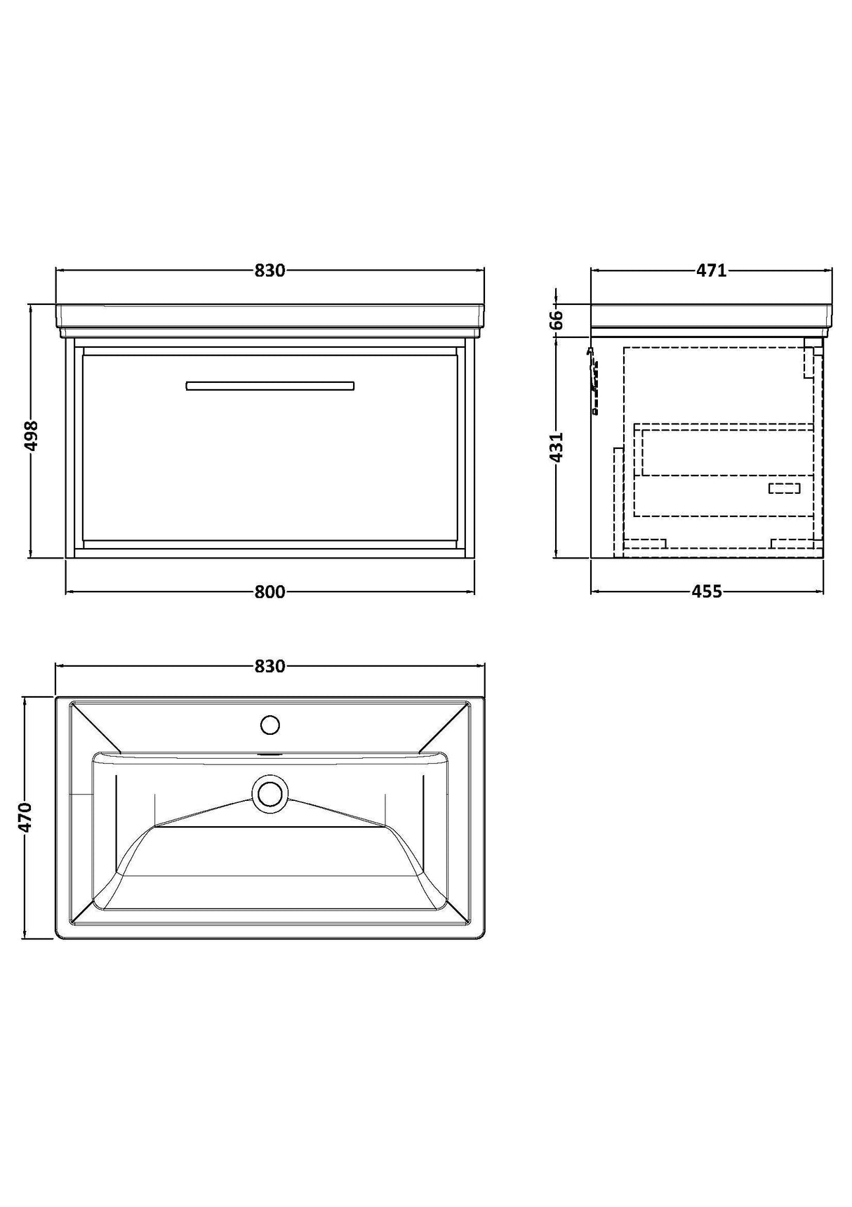 [BFLL2325A] Longnor Single Drawer Wall Hung Vanity Basin Unit with 1 Tap Hole Traditional Fireclay Basin, Choice of Colour and Size - Line Drawing