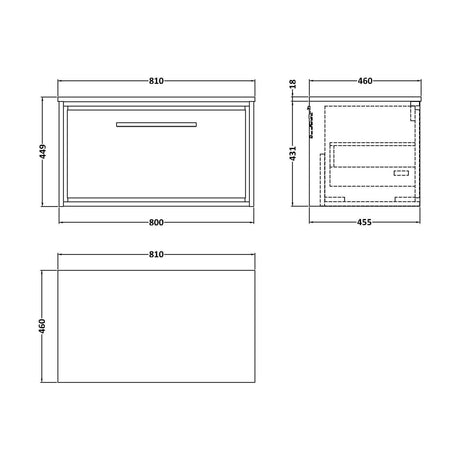 [BFLL2325GMT] Balterley 800mm Framed Design Wall Hung Single Drawer Vanity & Marble Worktop - Coastal Grey - Technical Drawing