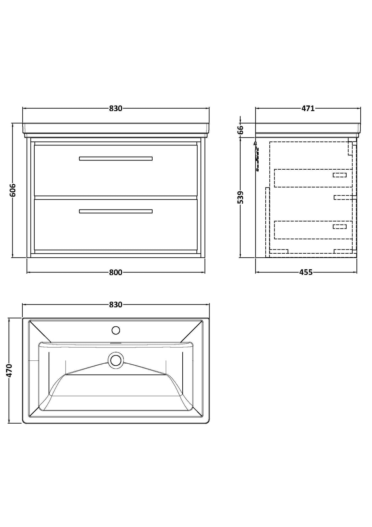 [BFLL2326A] Longnor 2 Drawer Wall Hung Vanity Basin Unit with 1 Tap Hole Traditional Fireclay Basin, Choice of Size and Colour - Line Drawing