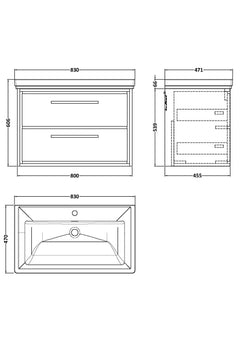 [BFLL2326A] Longnor 2 Drawer Wall Hung Vanity Basin Unit with 1 Tap Hole Traditional Fireclay Basin, Choice of Size and Colour - Line Drawing