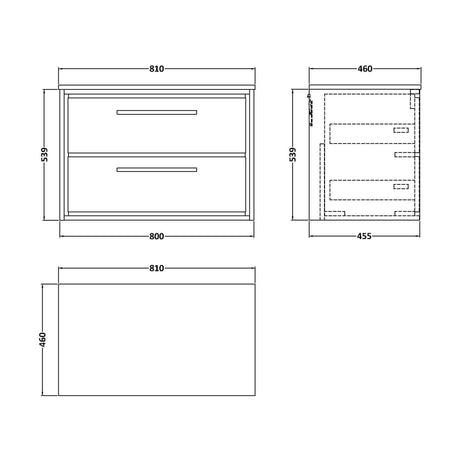 [BFLL2326CMT] Balterley 800mm Framed Design Wall Hung 2 Drawer Vanity, Marble Worktop - Coastal Grey - Technical Drawing