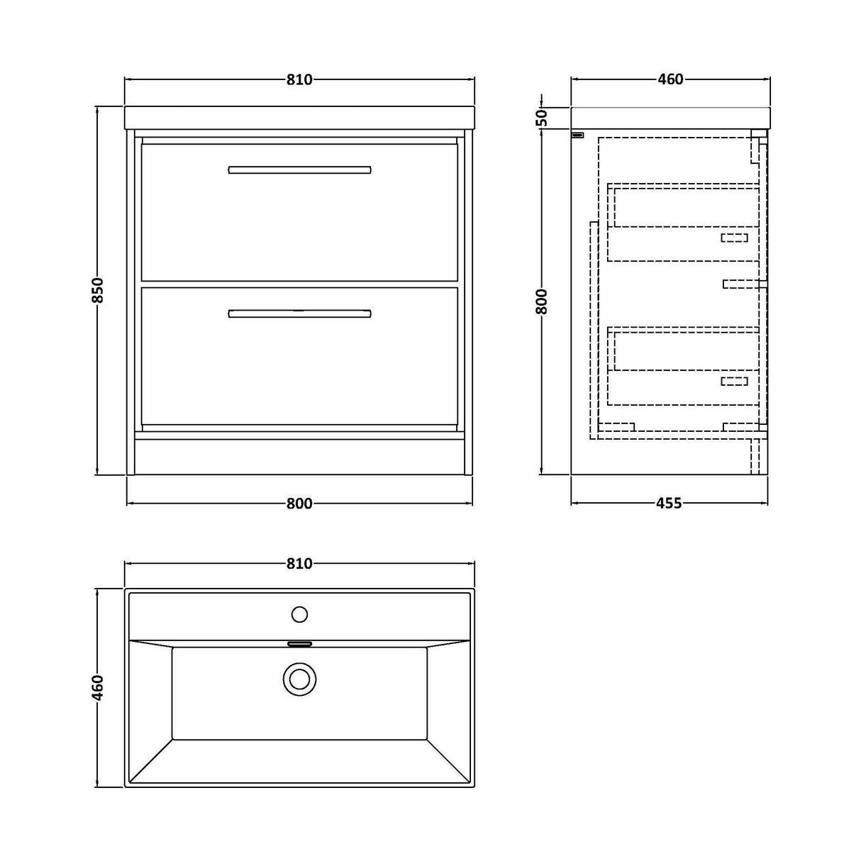 [BFLL23335E] Longnor Floor Standing 2 Drawer Vanity Unit - Choice of Colour, Basin Type and Size - Technical Drawing