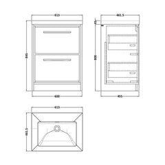 [BFLL2333K] Balterley Modern Bathroom 2 Soft-Close Drawer Floor Standing Vanity Unit Fireclay Basin, Coastal Grey, 600mm - Technical Drawing