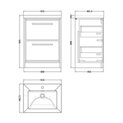 [BFLL2333L] Balterley Modern Bathroom Floor Standing 2 Soft-Close Drawer, Fireclay Basin, Coastal Grey, 600mm - Technical Drawing