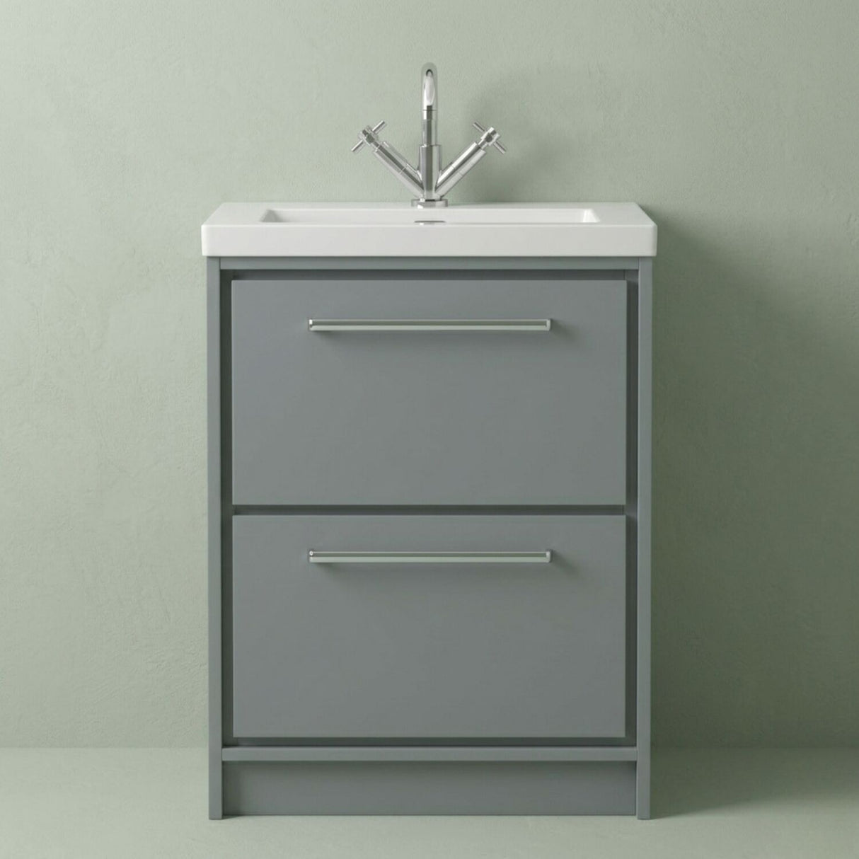 [BFLL2333L] Balterley Modern Bathroom Floor Standing 2 Soft-Close Drawer, Fireclay Basin, Coastal Grey, 600mm - Silo