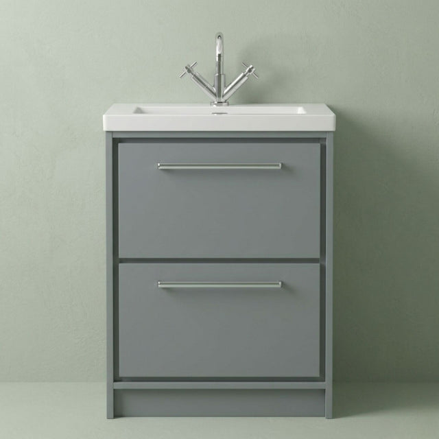 [BFLL2333L] Balterley Modern Bathroom Floor Standing 2 Soft-Close Drawer, Fireclay Basin, Coastal Grey, 600mm - Silo