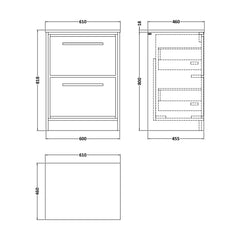 [BFLL2333WMT] Balterley 600mm Framed Design Floor Standing 2 Drawer Vanity with Marble Worktop - Coastal Grey - Technical Drawing