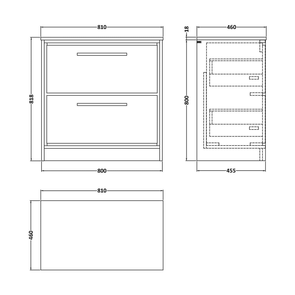 [BFLL2335WMT] Longnor 2 Drawer Floor Standing Vanity Unit with White Marble Worktop, Choice of Size and Colour - Technical Drawing