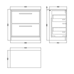 [BFLL2335WMT] Longnor 2 Drawer Floor Standing Vanity Unit with White Marble Worktop, Choice of Size and Colour - Technical Drawing