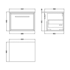 [BFLL3122WMT] Balterley 600mm Framed Design Wall Hung Single Drawer Vanity with Marble Worktop - Fern Green - Technical Drawing
