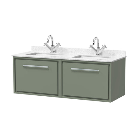 [BFLL3122WS2] Balterley 1220mm Wall Hung Double Basin Vanity Unit with Marble Worktop Basins - Fern Green - Cutout