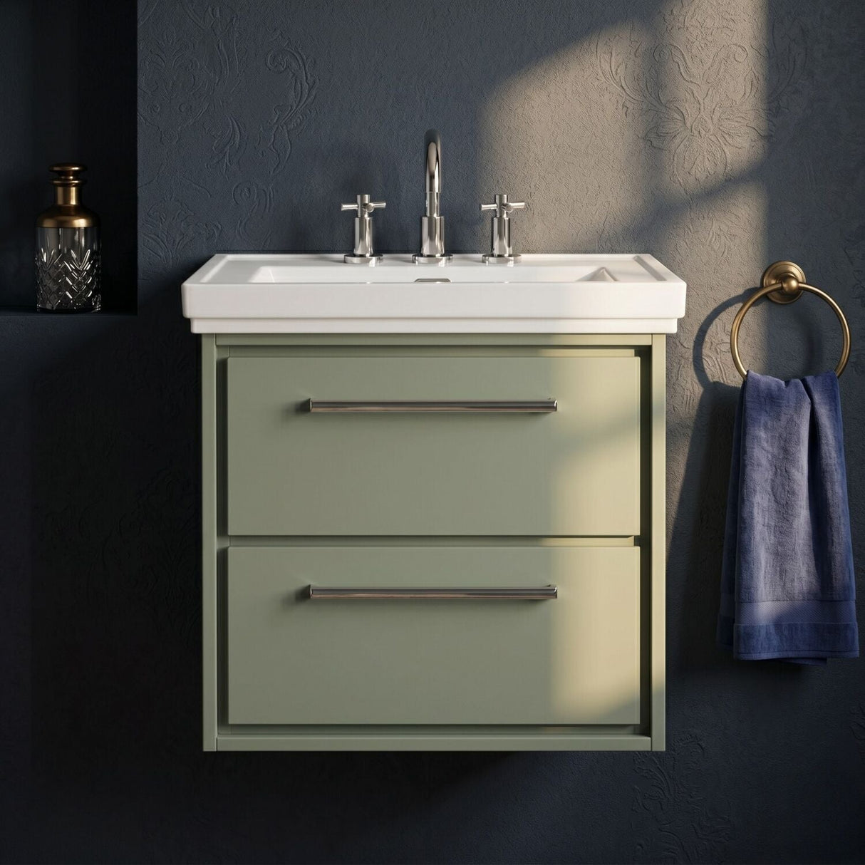 [BFLL3124B] Longnor 2 Drawer Wall Hung Vanity Basin Unit with 3 Tap Hole Traditional Fireclay Basin, Choice of Size and Colour - Silo