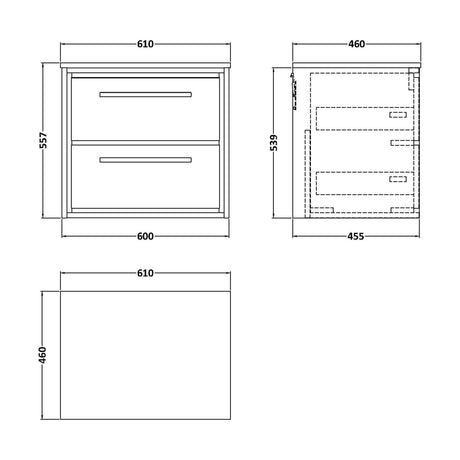[BFLL3124GMT] Balterley 600mm Framed Design Wall Hung 2 Drawer Vanity & Marble Worktop - Fern Green - Technical Drawing