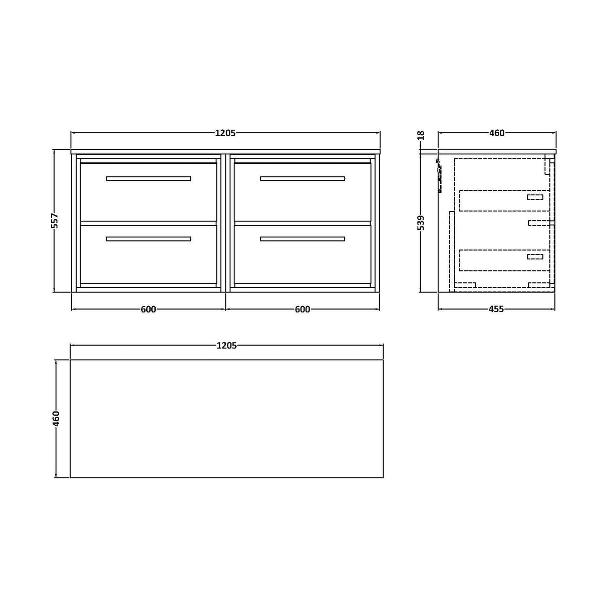 [BFLL3124W2] Longnor Contemporary Wall Hung 4 Drawer Vanity Unit with Colour Coordinating Worktop, 1200mm, Choice of Colour - Technical Drawing