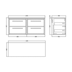 [BFLL3124W2] Longnor Contemporary Wall Hung 4 Drawer Vanity Unit with Colour Coordinating Worktop, 1200mm, Choice of Colour - Technical Drawing