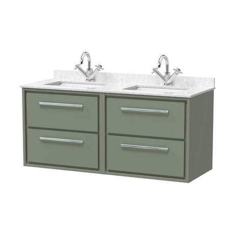 [BFLL3124WS2] Balterley 1220mm Wall Hung 4 Drawer Vanity Unit with Double Marble Basins - Fern Green - Cutout