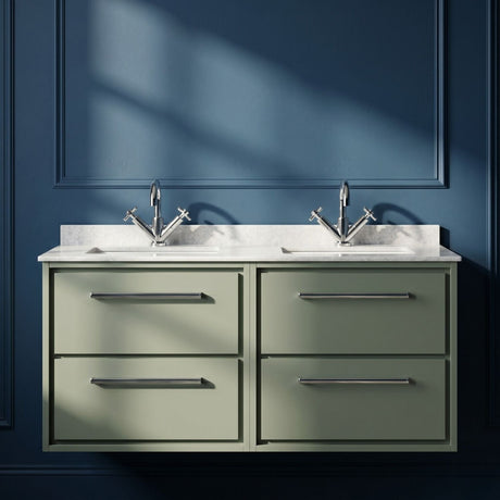 [BFLL3124WS2] Longnor Contemporary Wall Hung 4 Drawer Vanity Basin Unit with Marble Worktop Basins, 1200mm, Choice of Colour - Silo