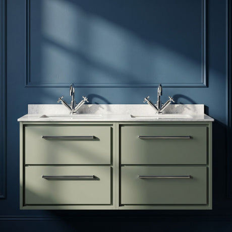 [BFLL3124WS2] Balterley 1220mm Wall Hung 4 Drawer Vanity Unit with Double Marble Basins - Fern Green - Silo